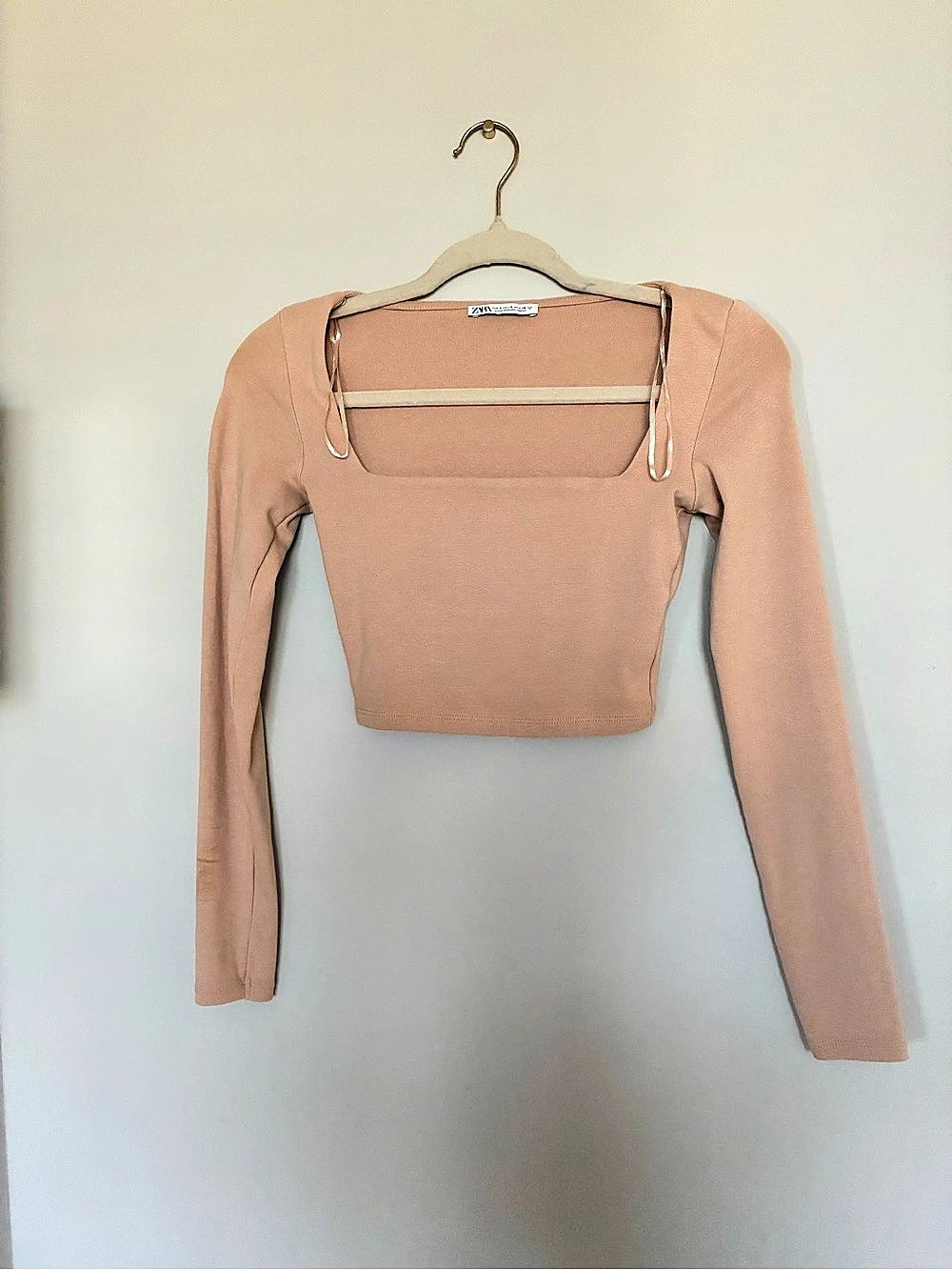 Zara Square Neck Long Sleeve Crop Top Brown Small